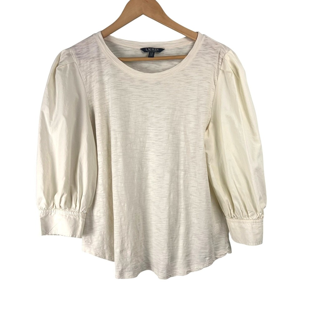 LRL Black Label Cream Cotton Slub Mixed Media Puff Sleeve Top Gold Button L Chic